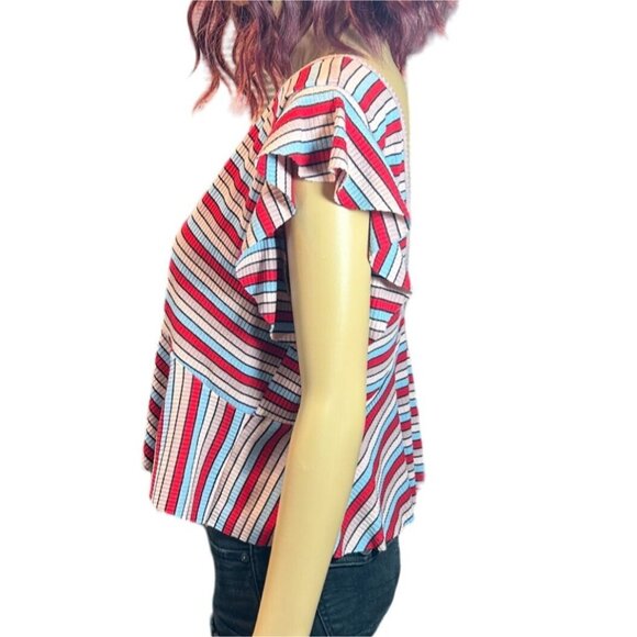 Wild Fable Womens Flutter Sleeve Peplum Cropped Top Large Stripe Y2K Boho Retro - Picture 3 of 4